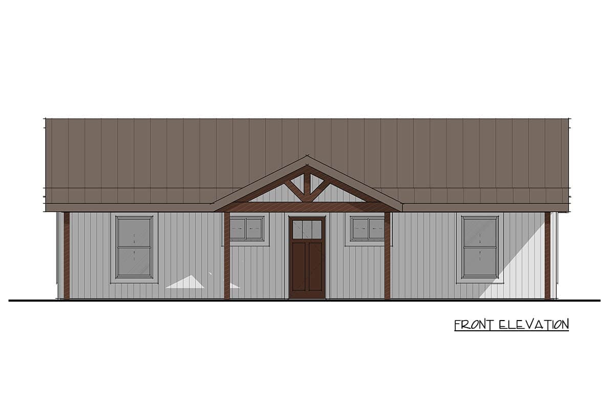 Front elevation drawing of a single-story house with a gabled entrance porch and vertical siding.