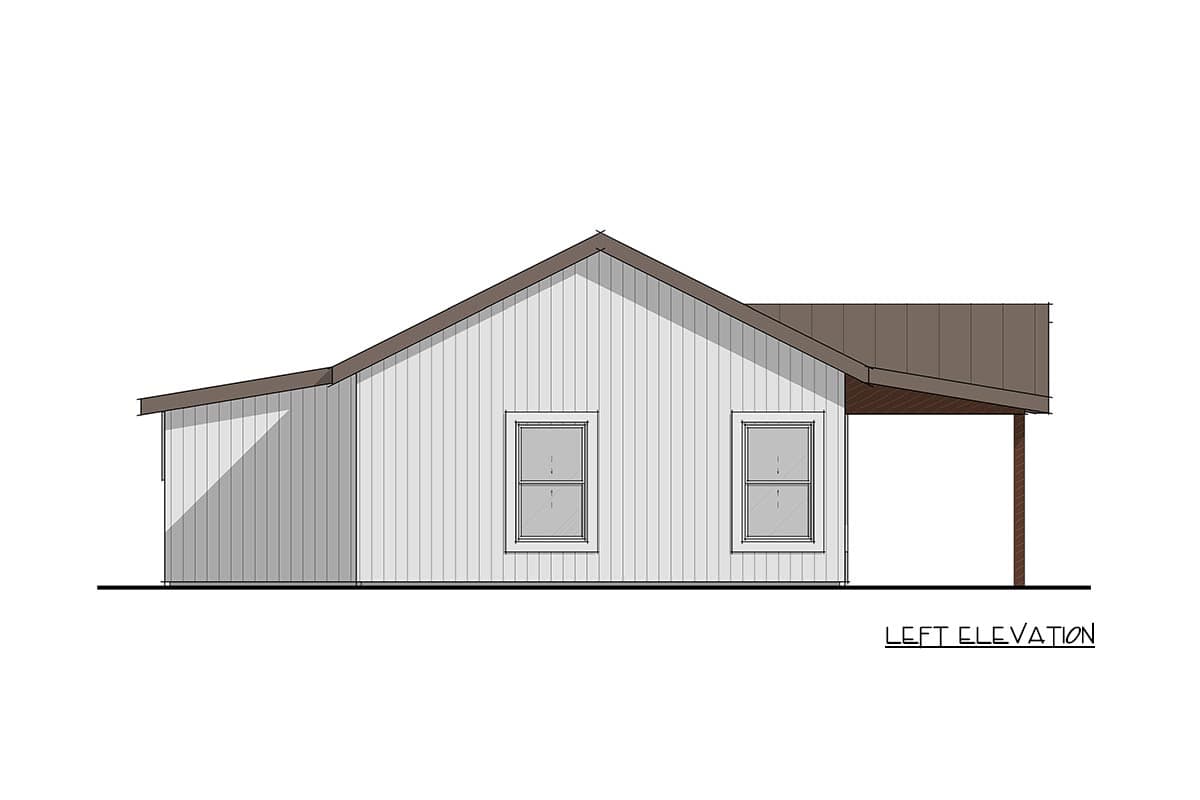 Left elevation drawing of a house plan with vertical siding, gable roof, two windows, and an attached covered porch.