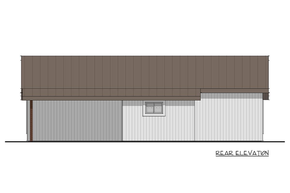 Rear elevation drawing showing a long, rectangular structure with a metal gable roof and vertical siding, featuring a small window.