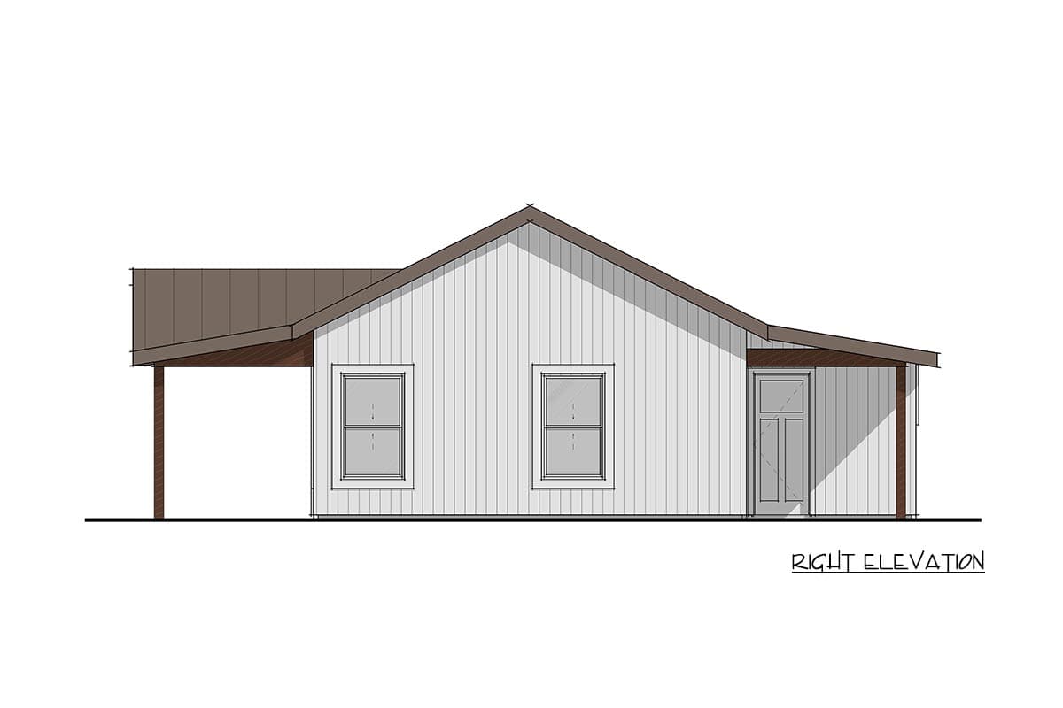 Right elevation house plan showing vertical siding, two windows, a covered porch with wood posts, and a paneled door.