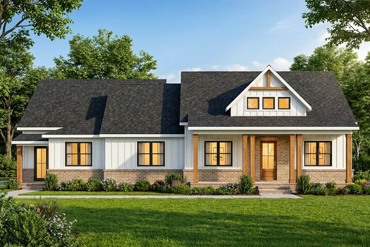 A modern farmhouse with white siding, black-framed windows, and a brick base. The house has a gable roof and a covered porch with wooden pillars.