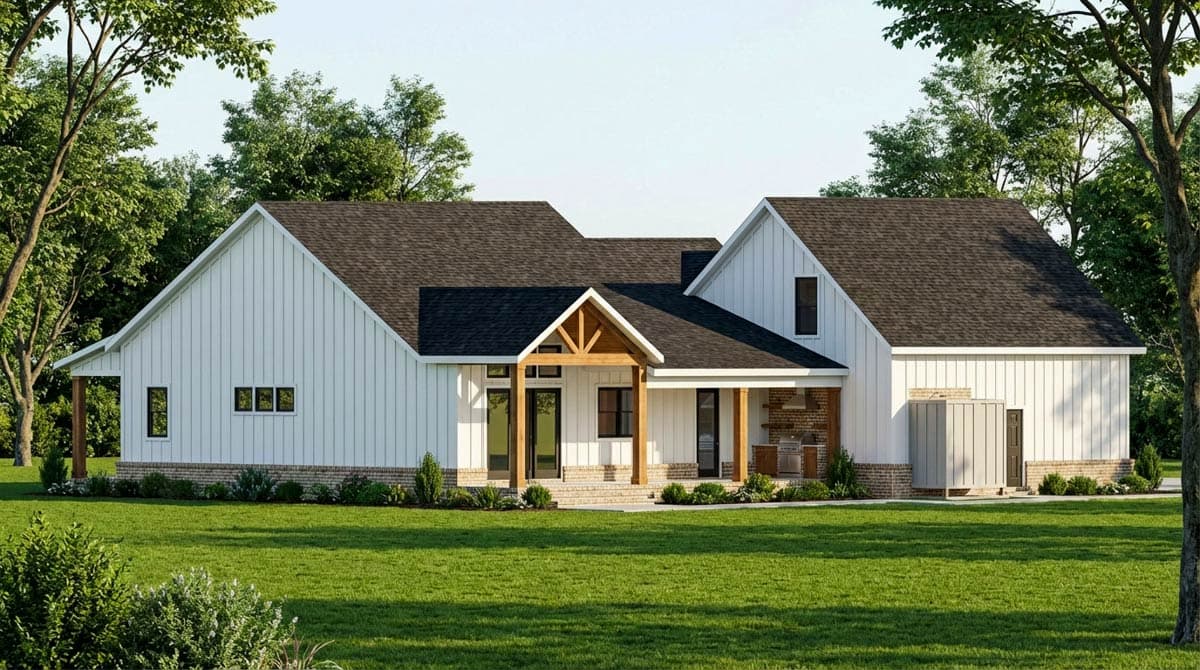 Modern Farmhouse house plan exterior with white board and batten siding, gables, exposed wood beams on covered entry, and an outdoor kitchen.