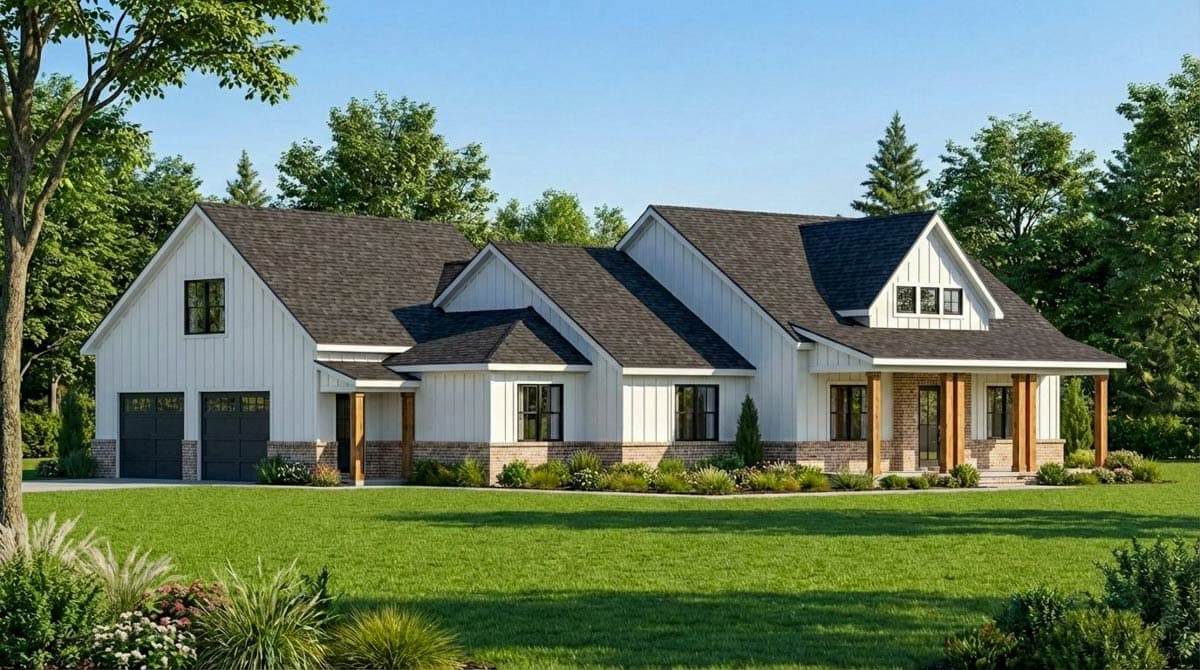 Modern Farmhouse house plan exterior with board and batten siding, a gabled roof, a covered porch with wood columns, and a side-entry two-car garage.