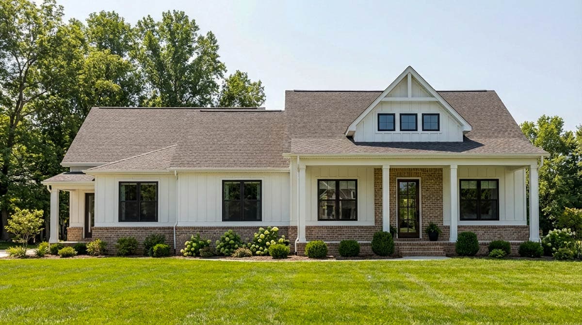 House plan exterior: Modern Farmhouse style, one story, with a wide covered front porch, brick base, and board and batten siding.