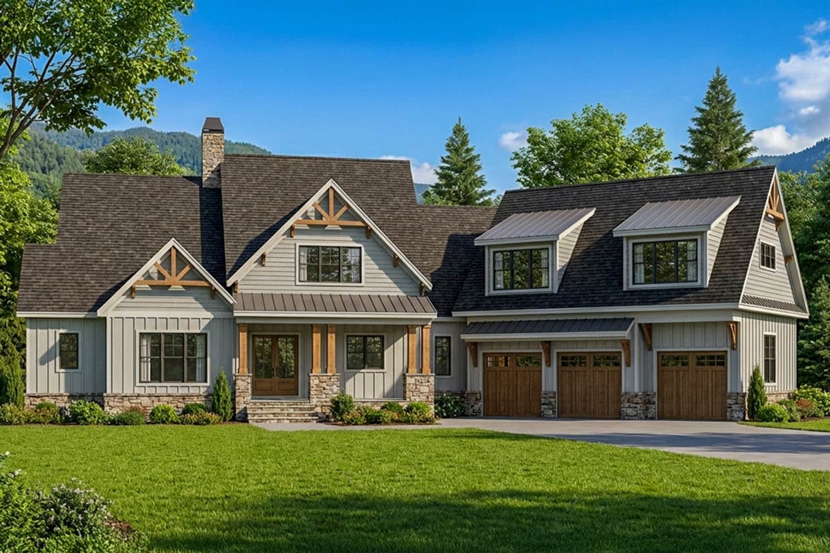 A modern, two-story house with a stone chimney, wooden garage doors, and a green lawn. It is set against a backdrop of mountains and a blue sky.