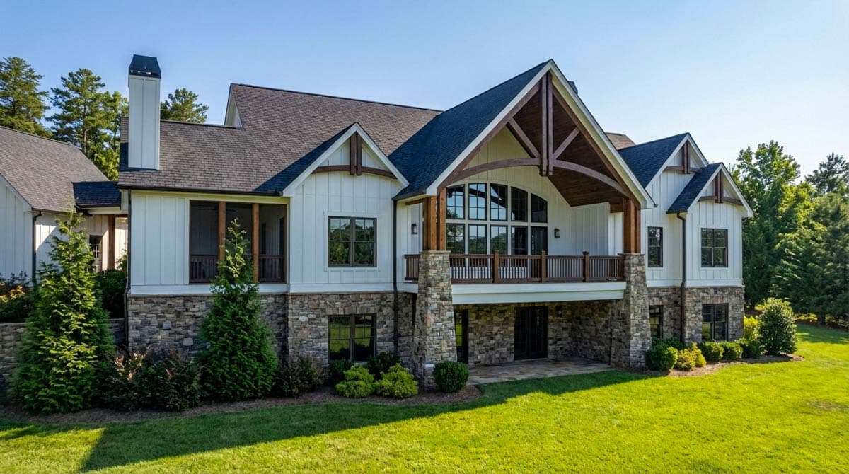 Modern Farmhouse house plan exterior with stone accents, white board-and-batten siding, large gable with exposed beams, and screened porch.