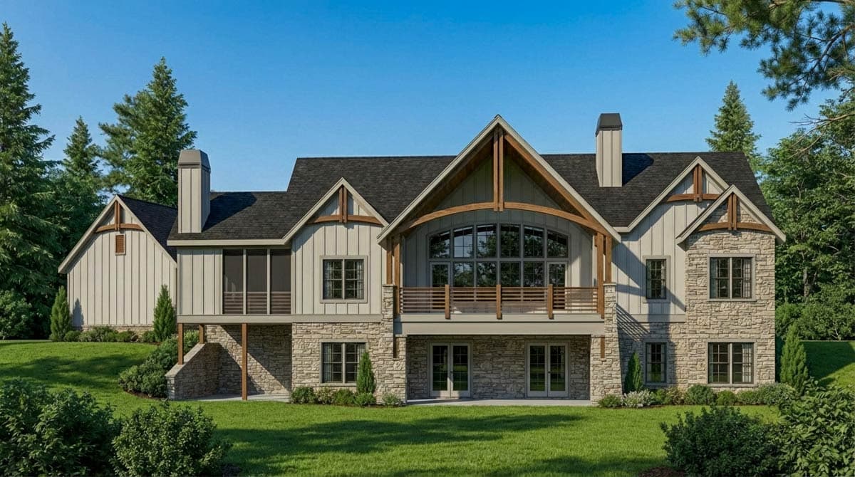 House plan exterior: Modern design with stone and vertical siding, large arched window, and exposed wood beams.