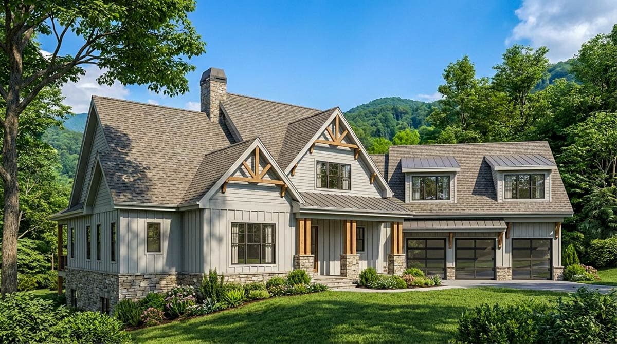 House plan exterior: Two-story home with stone base, prominent gables, exposed wood beams, and a three-car garage.