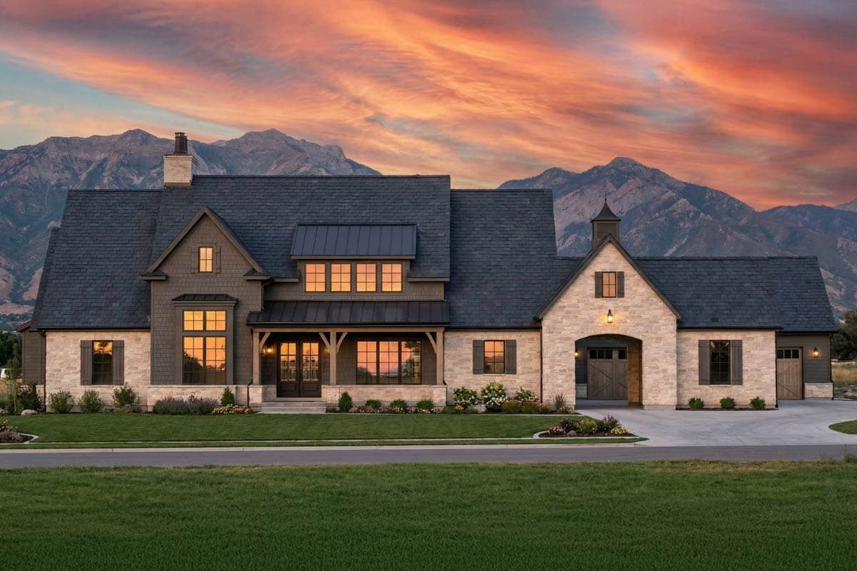 Modern Farmhouse house plan exterior with stone and siding, covered porch, multiple gables, and attached garage.