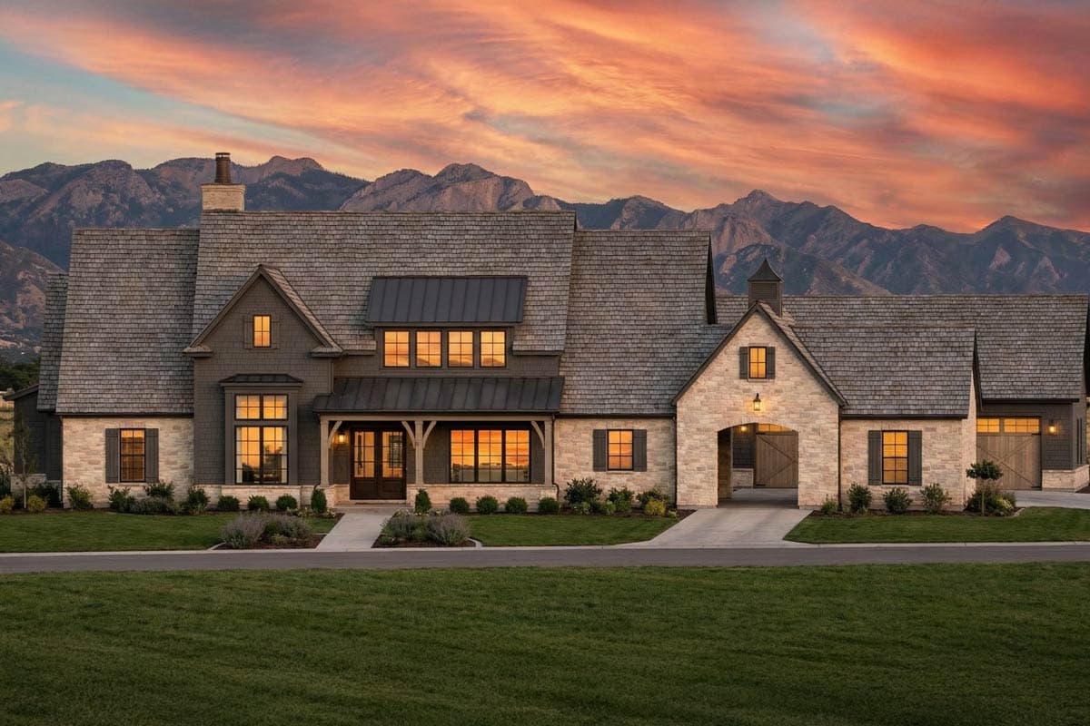 Modern Farmhouse house plan exterior with stone and wood siding, prominent gables, metal roof dormers, and covered entry.