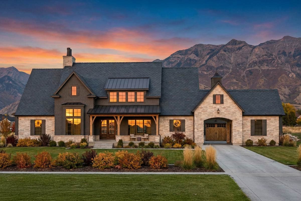 House plan exterior of a two-story Modern Farmhouse with stone and siding, large gables, and a covered porch.