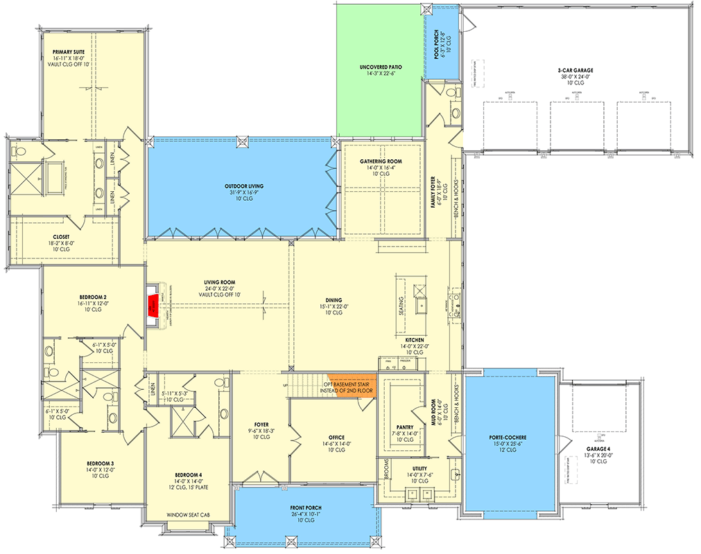 Plan 818198JSS: Grand Farmhouse House Plan with Main Level Master and 4or 5 Car Garage - Floor Plan - Main Level - Farmhouse, French Country, Transitional, Tudor