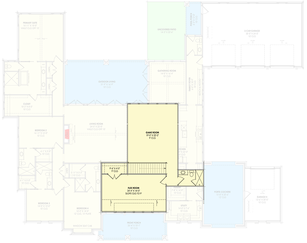 Plan 818198JSS: Grand Farmhouse House Plan with Main Level Master and 4or 5 Car Garage - Floor Plan - 2nd Floor - Farmhouse, French Country, Transitional, Tudor
