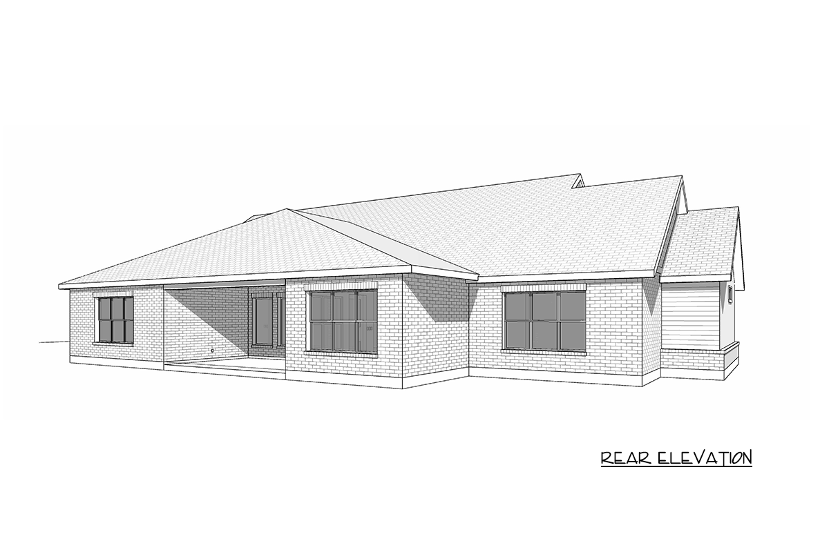 Rear elevation drawing of a single-story house plan with brick exterior, covered patio, and prominent rooflines.
