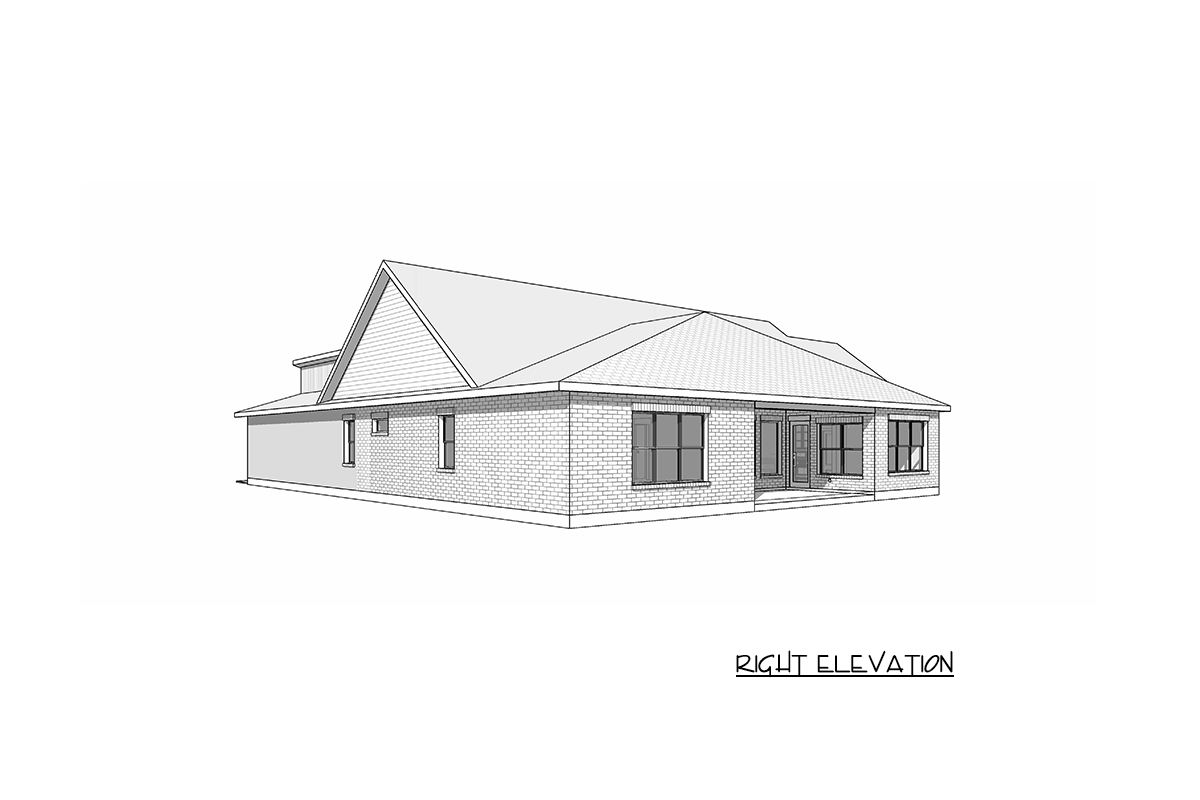 Right elevation house plan showing a single-story brick home with a prominent gable, varied rooflines, and multiple windows.