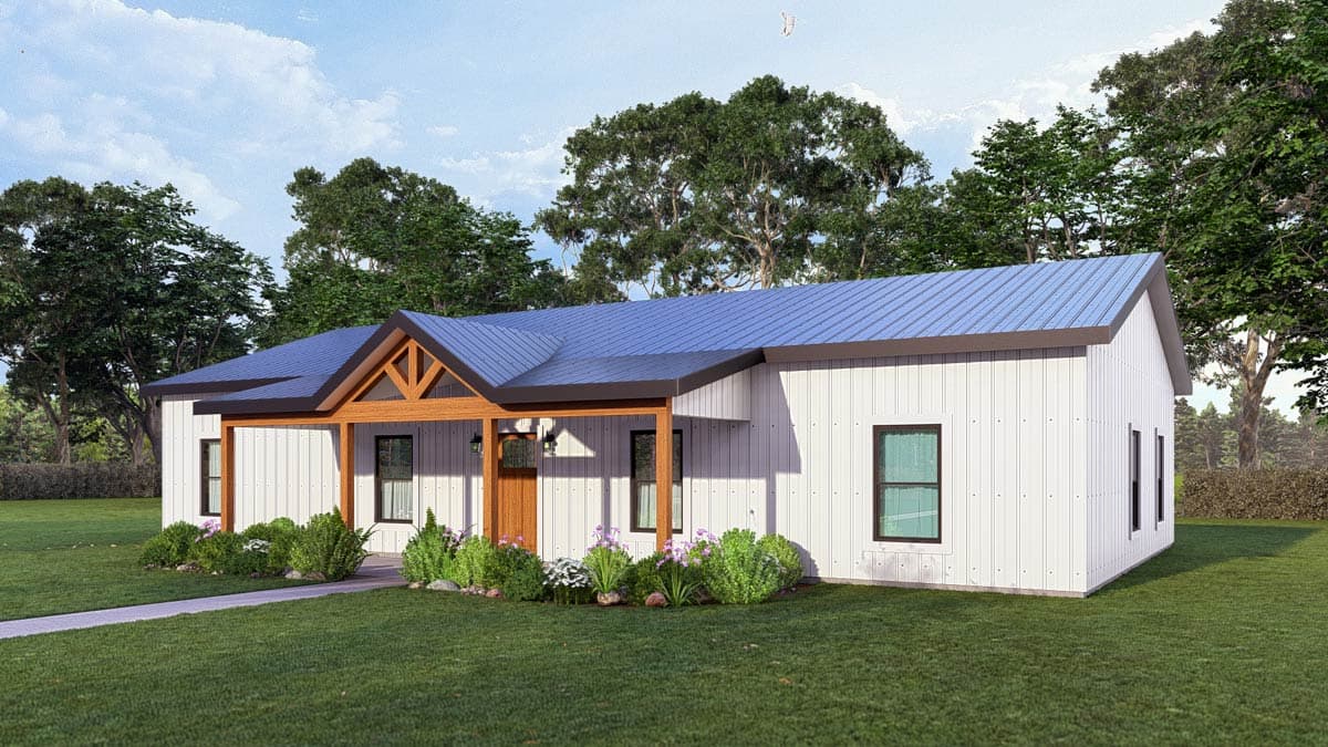 House plan exterior: Modern Farmhouse style, one story, with a prominent covered porch featuring exposed wooden beams and a metal roof.