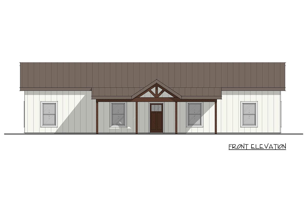 Front elevation drawing of a one-story house with a gabled porch, visible roofline, and vertical siding.