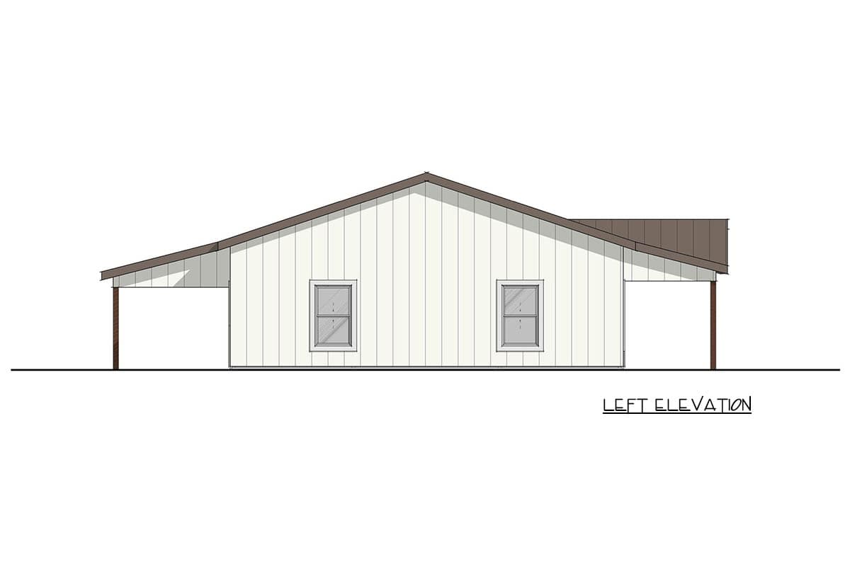 Left elevation house plan with vertical siding, a shed roof, two windows, and two covered porches.