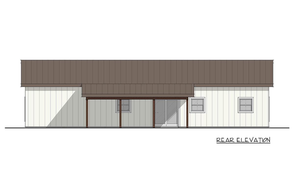 Rear elevation house plan showing a covered porch, sliding glass doors, and two windows.