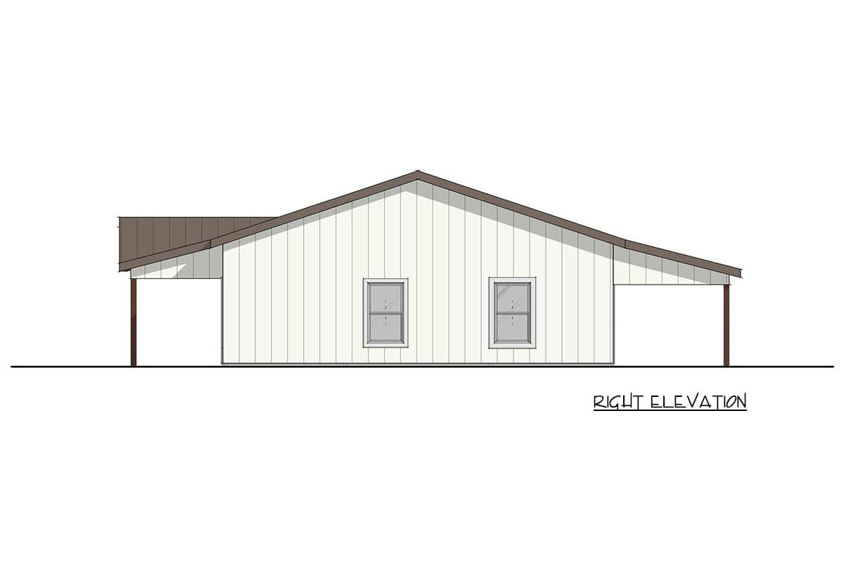 Right elevation house plan drawing with vertical siding, gable roof, and covered porch on the left.