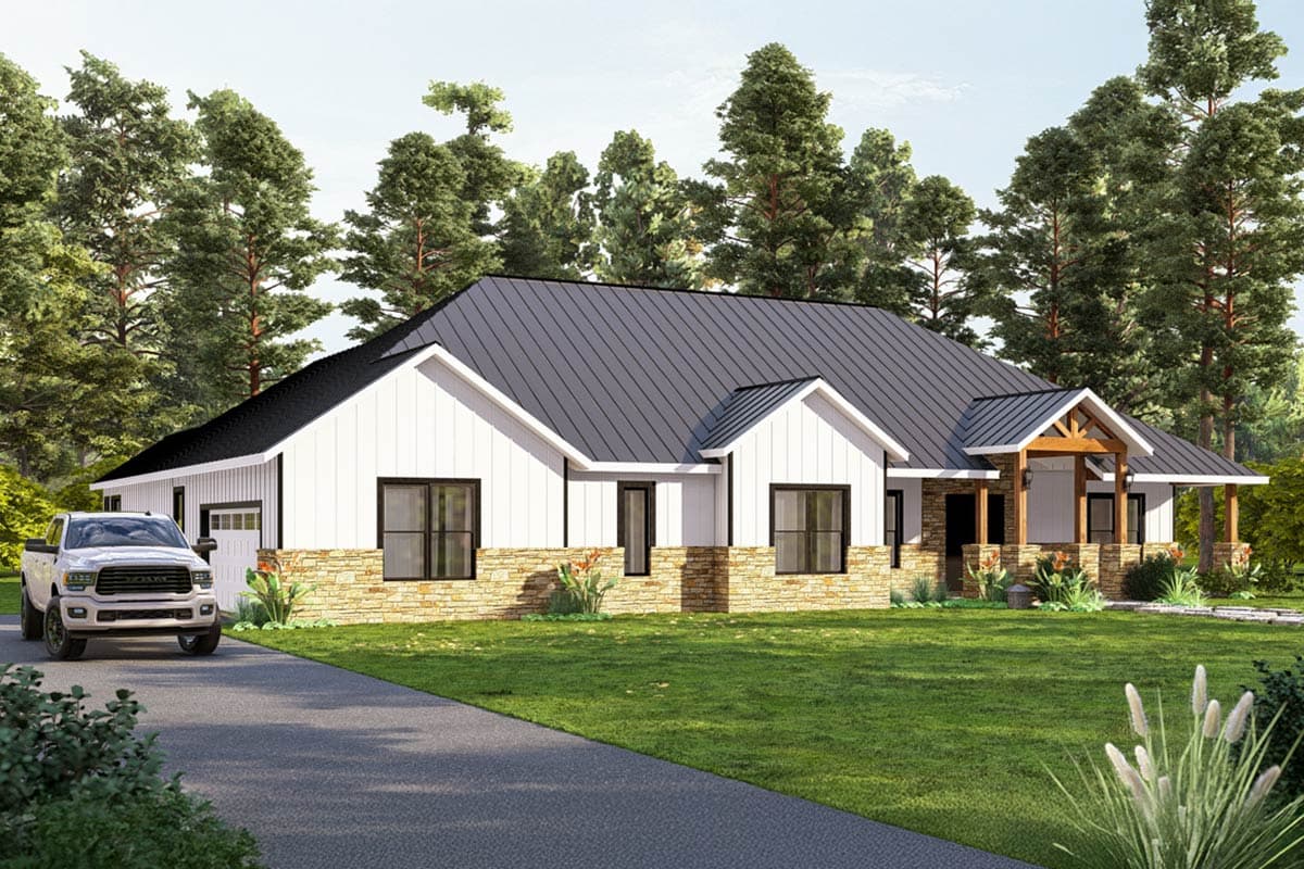 Modern farmhouse with white siding, black metal roof, and stone accents. A driveway leads to the house, with a truck parked in front of the garage.