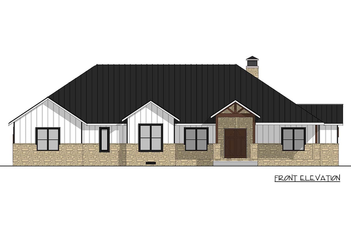 Front elevation of a single-story house plan featuring a metal roof, stone and board-and-batten siding, gables, and a prominent stone entrance.