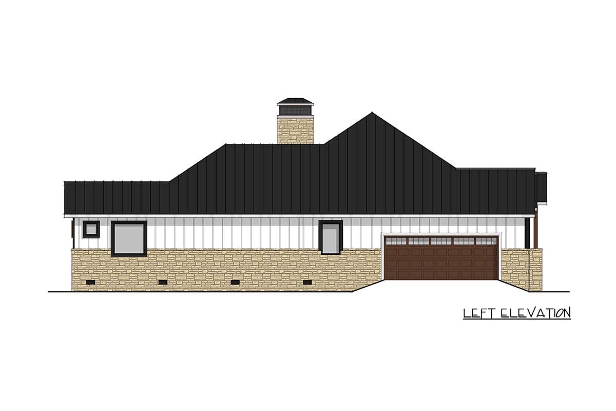 Left elevation house plan, featuring stone and vertical siding, gable roof, chimney, and attached garage.