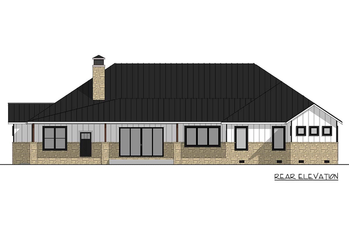 Rear elevation of a single-story house plan featuring a metal roof, stone base, board and batten siding, and multiple windows.