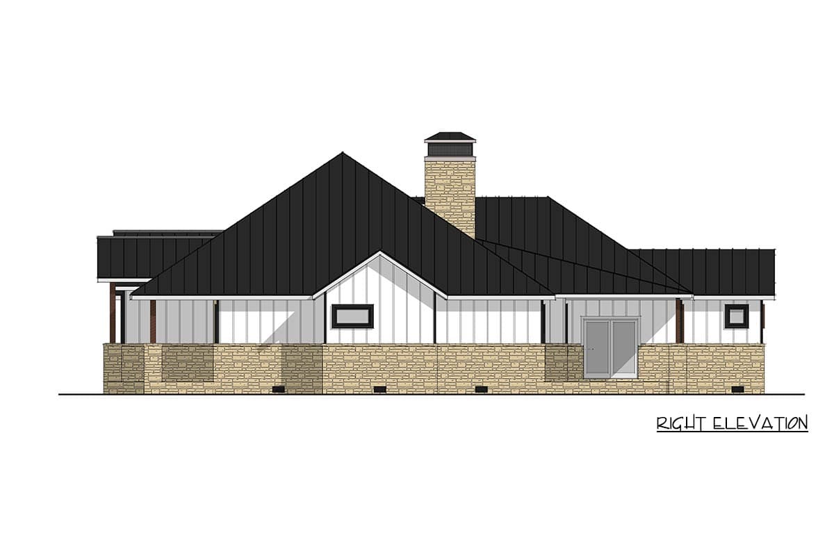 Right elevation house plan with stone base, vertical siding, gable, and metal roof.