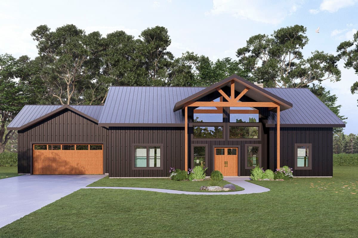Modern farmhouse house plan exterior with dark metal siding, two-story gable entryway, and attached garage.
