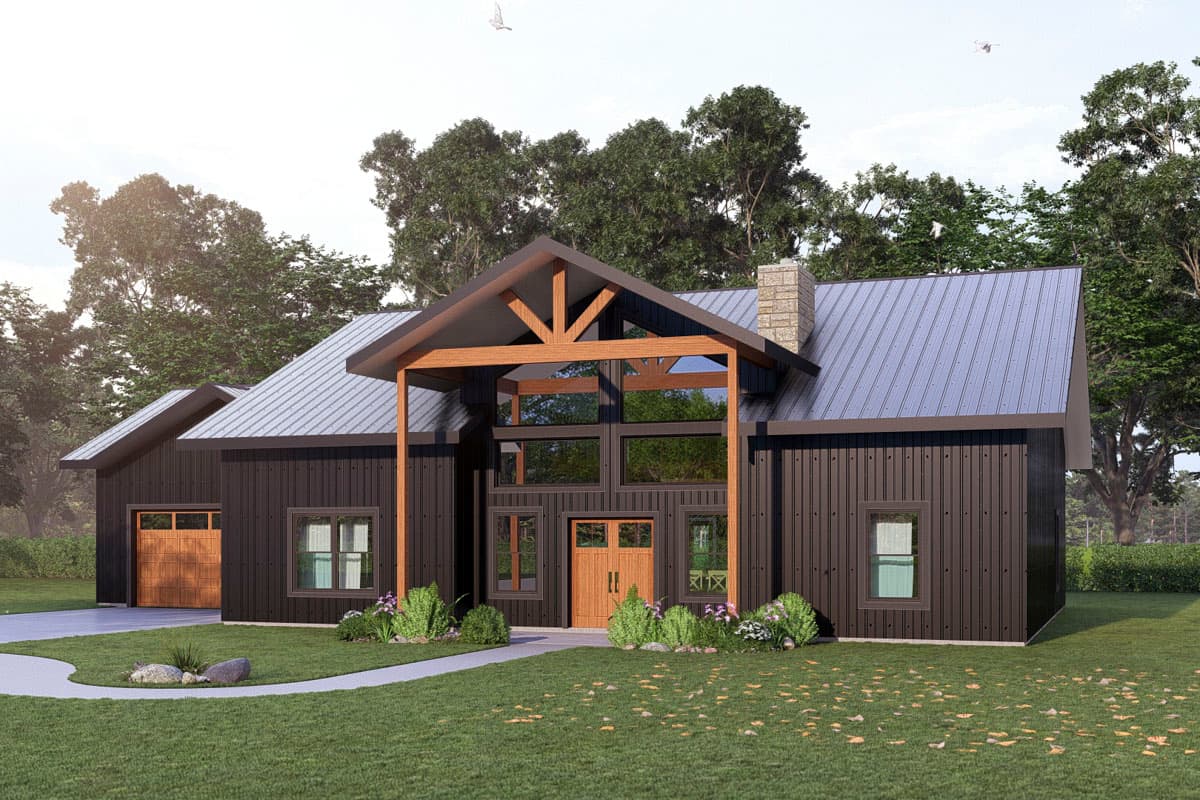 Modern Farmhouse house plan exterior with metal siding, large gabled entryway, stone chimney, and attached garage.