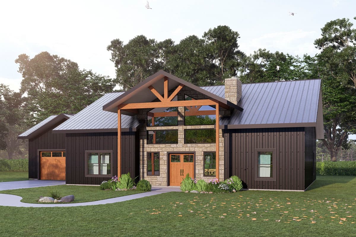 Modern ranch house plan exterior with metal siding, stone accents, a covered entryway with exposed beams, and an attached garage.