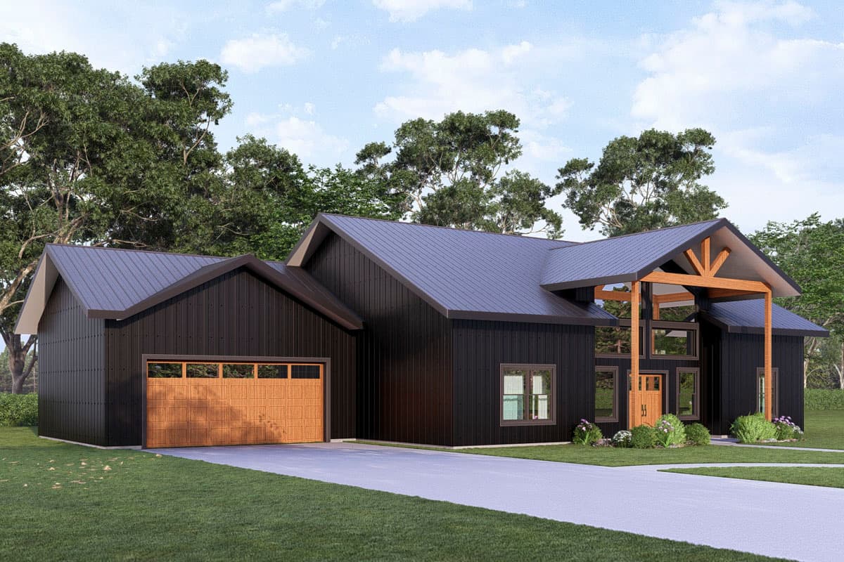 Modern house plan exterior featuring dark vertical siding, a metal roof, a prominent gabled entrance with wood accents, and a two-car garage.