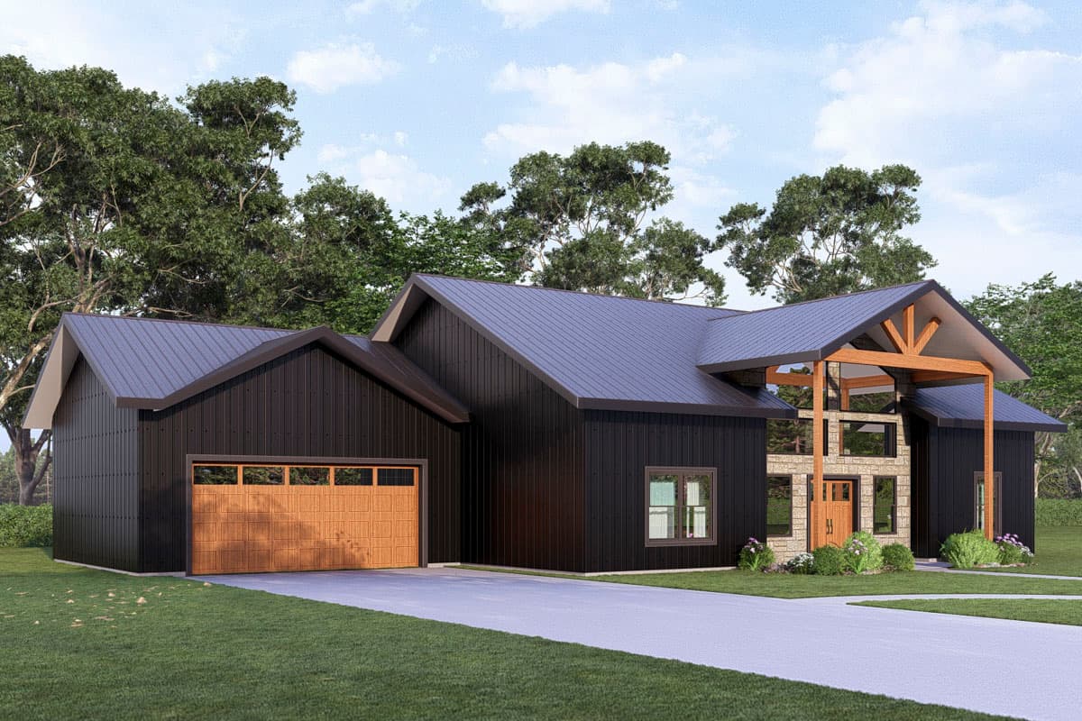 Modern farmhouse style house plan exterior with dark siding, metal roof, wood garage door, and prominent timber frame entry.