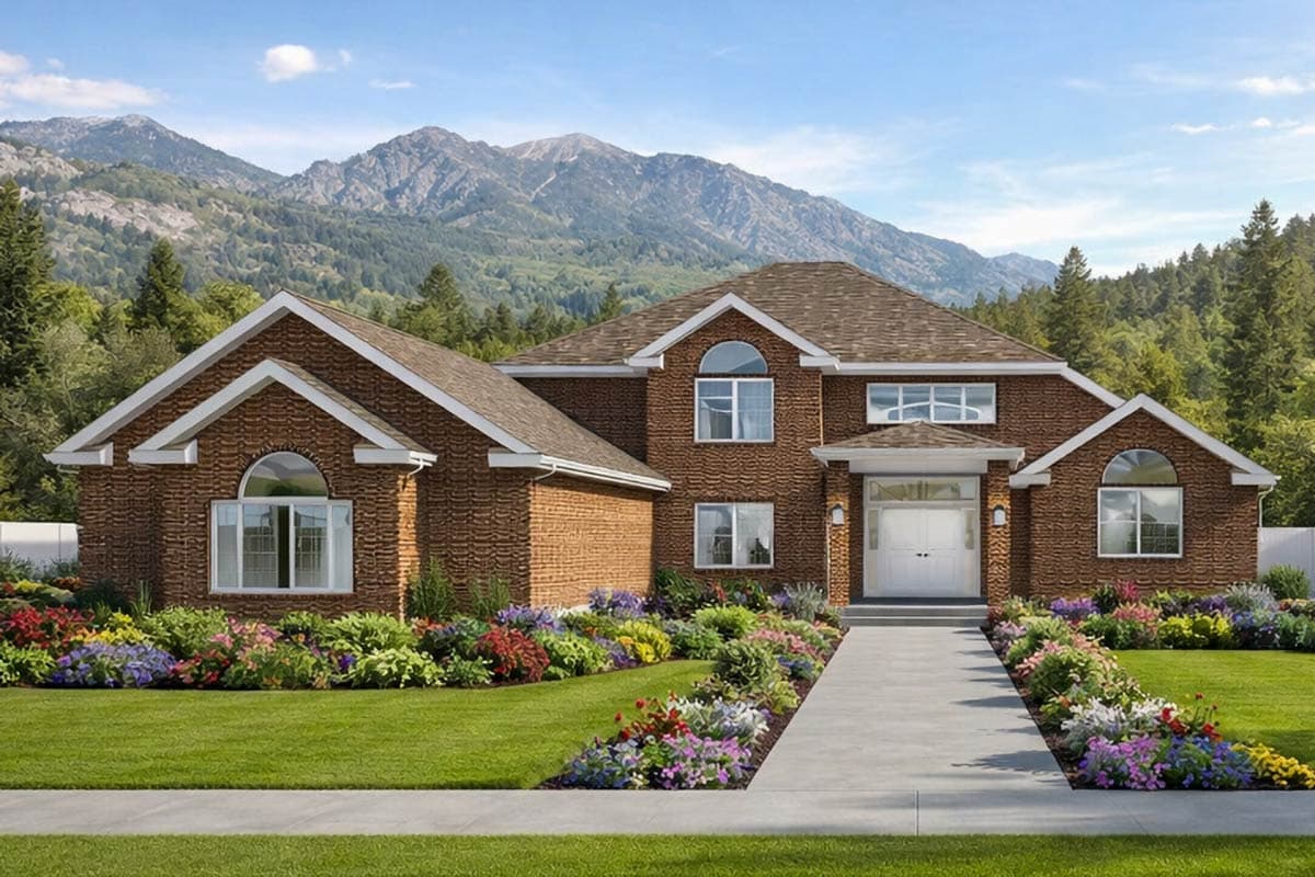 A brick-clad house with a walkway, surrounded by colorful flowerbeds, stands before a backdrop of mountains and a blue sky.