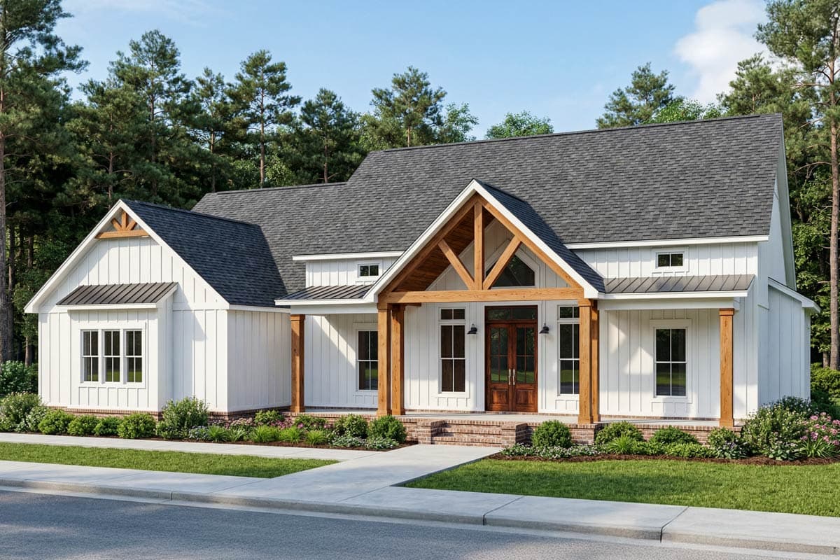 House plan exterior: Modern Farmhouse style, white board-and-batten siding, large gabled entry with timber framing, and metal roof accents.