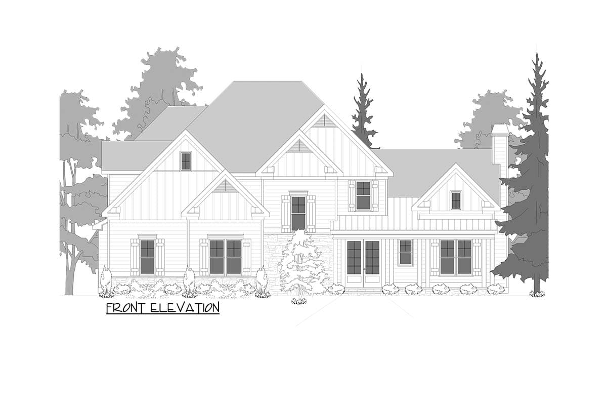 Line drawing of a house front elevation. The two-story home features multiple gabled roofs, shutters, and a porch, with surrounding trees.