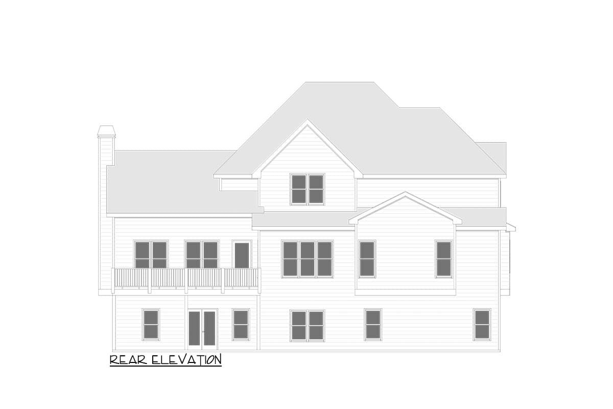 Architectural rear elevation rendering of a two-story house, featuring multiple windows, a balcony, and a multi-level roof design.