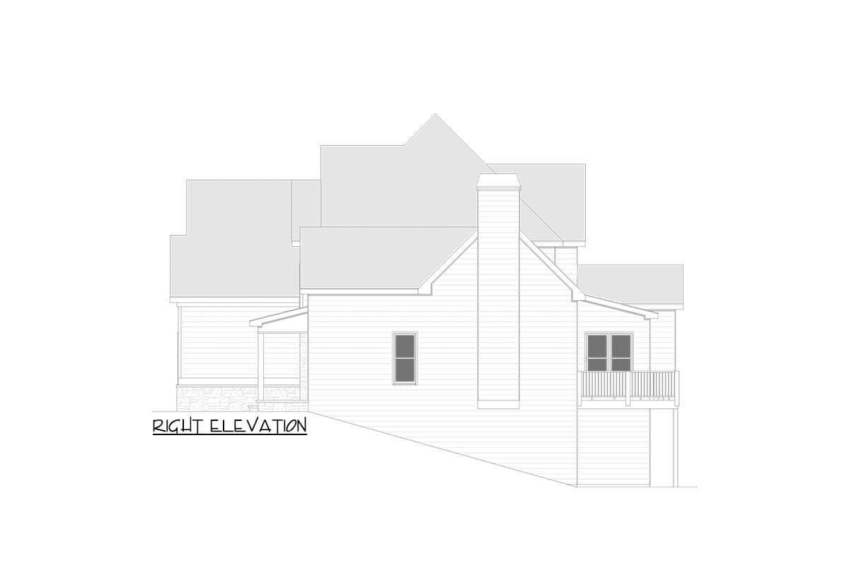 Right elevation architectural drawing of a house, showcasing multiple rooflines, a chimney, and a small porch with a railing.
