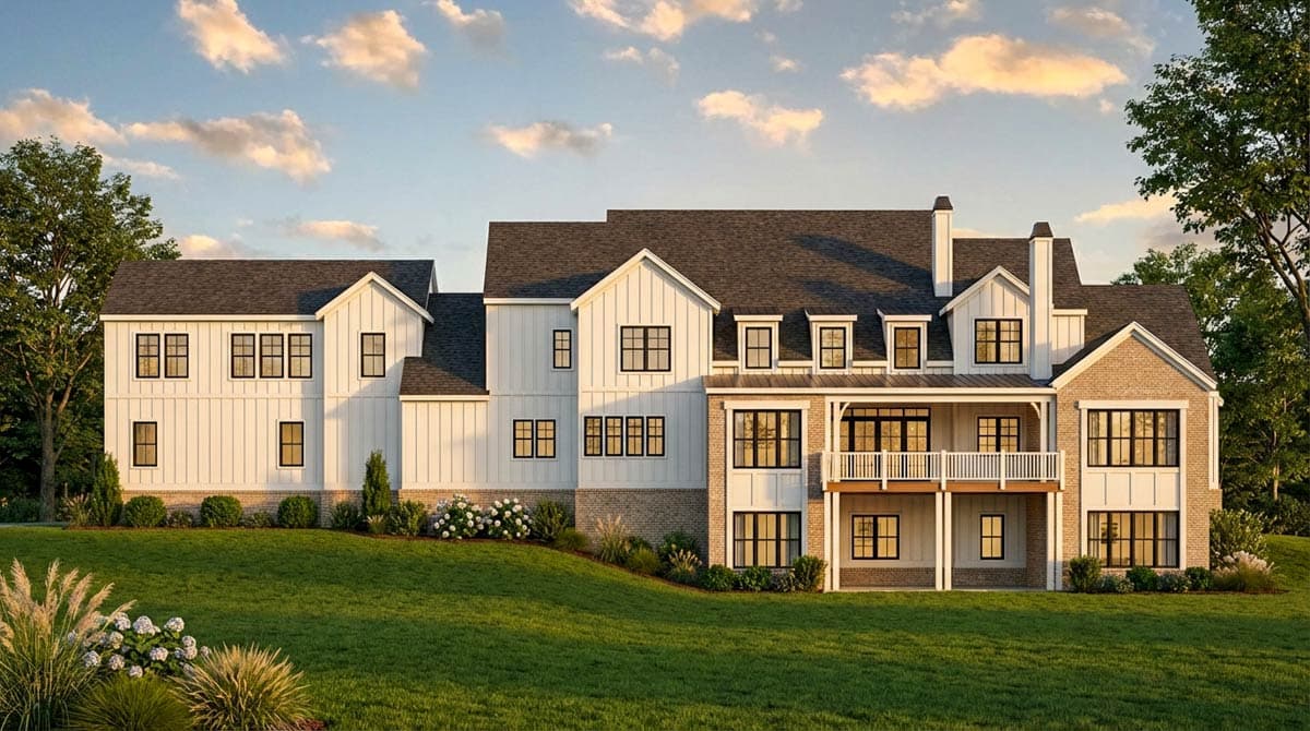 Modern Farmhouse house plan exterior with vertical siding, gables, dormers, and a wraparound balcony.