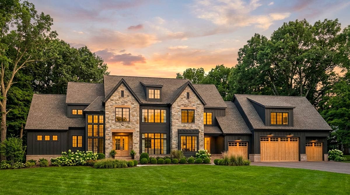 Modern Farmhouse house plan exterior with stone accents, multiple gables, dormers, and a three-car garage.