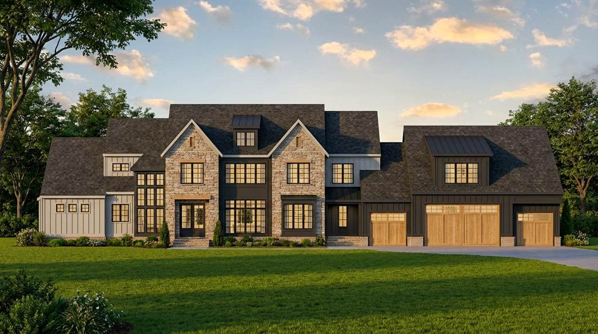 House plan exterior: Two-story home with stone facade, gabled dormers, multiple rooflines, and a three-car garage.
