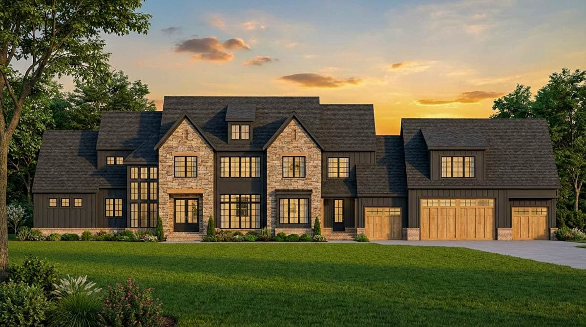 House plan exterior: Two-story modern farmhouse with stone accents, multiple gables, dormers, and a three-car garage.