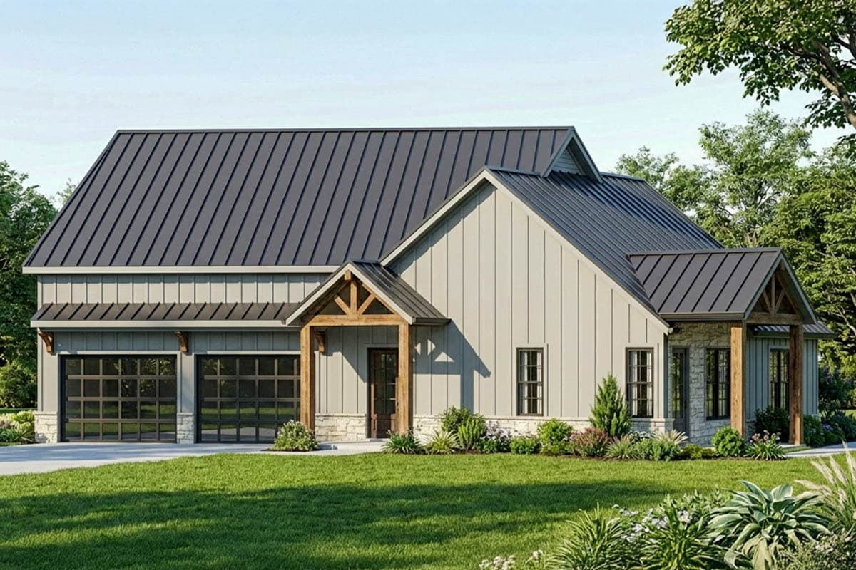 A modern farmhouse with a dark metal roof, light gray siding, and wooden accents. It features a green lawn and clear glass garage doors.