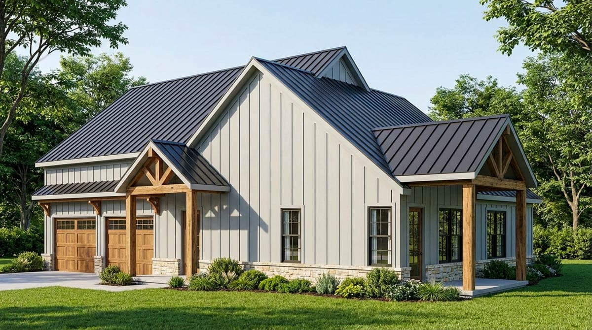 Modern farmhouse house plan exterior with vertical siding, gabled rooflines, exposed wood beams, stone accents, and a two-car garage.