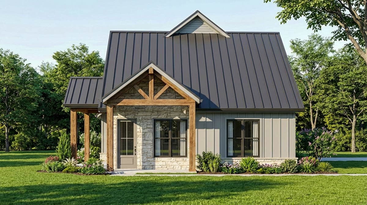 House plan exterior: Modern Farmhouse style, one story, with metal roof, stone and board-and-batten siding, and timber-framed porch.