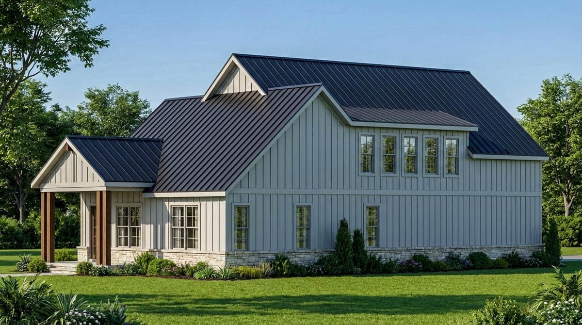 Modern Farmhouse house plan exterior with board and batten siding, stone base, gabled roof, and covered entry with timber posts.
