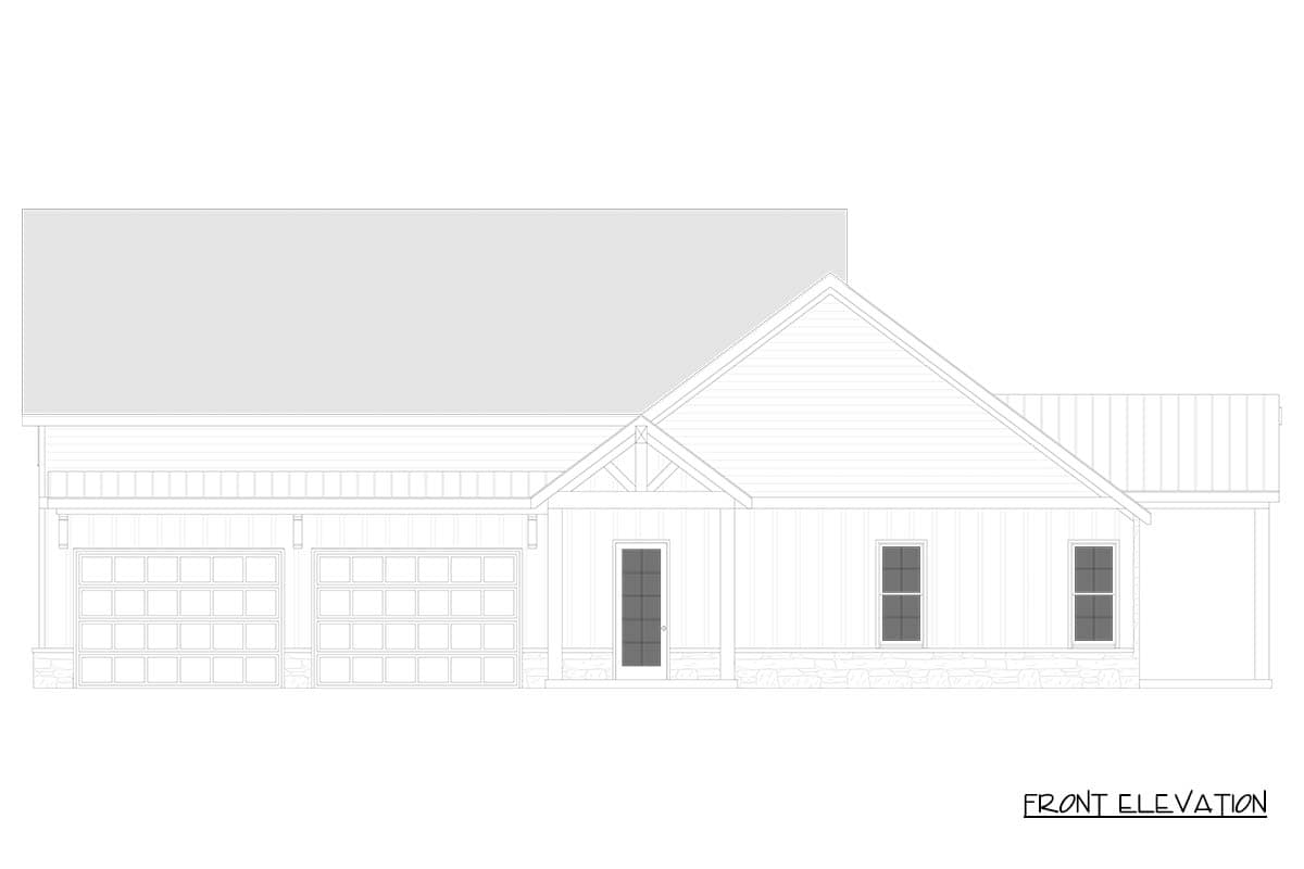 Front elevation drawing of a single-story house plan with a two-car garage, gabled entry, and stone base.
