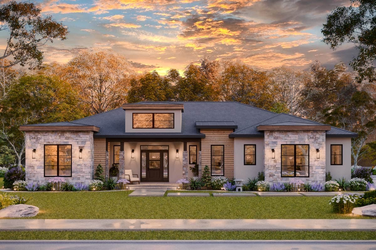Modern house plan exterior with stone accents, wood siding, prominent rooflines, and a second-story dormer.