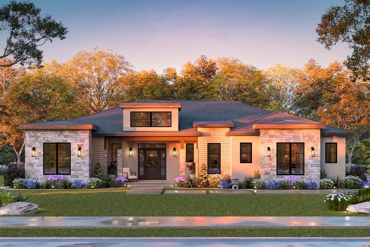 House plan exterior: Modern one-story home with stone accents, a dormer, dual-pane windows, and a covered entry.